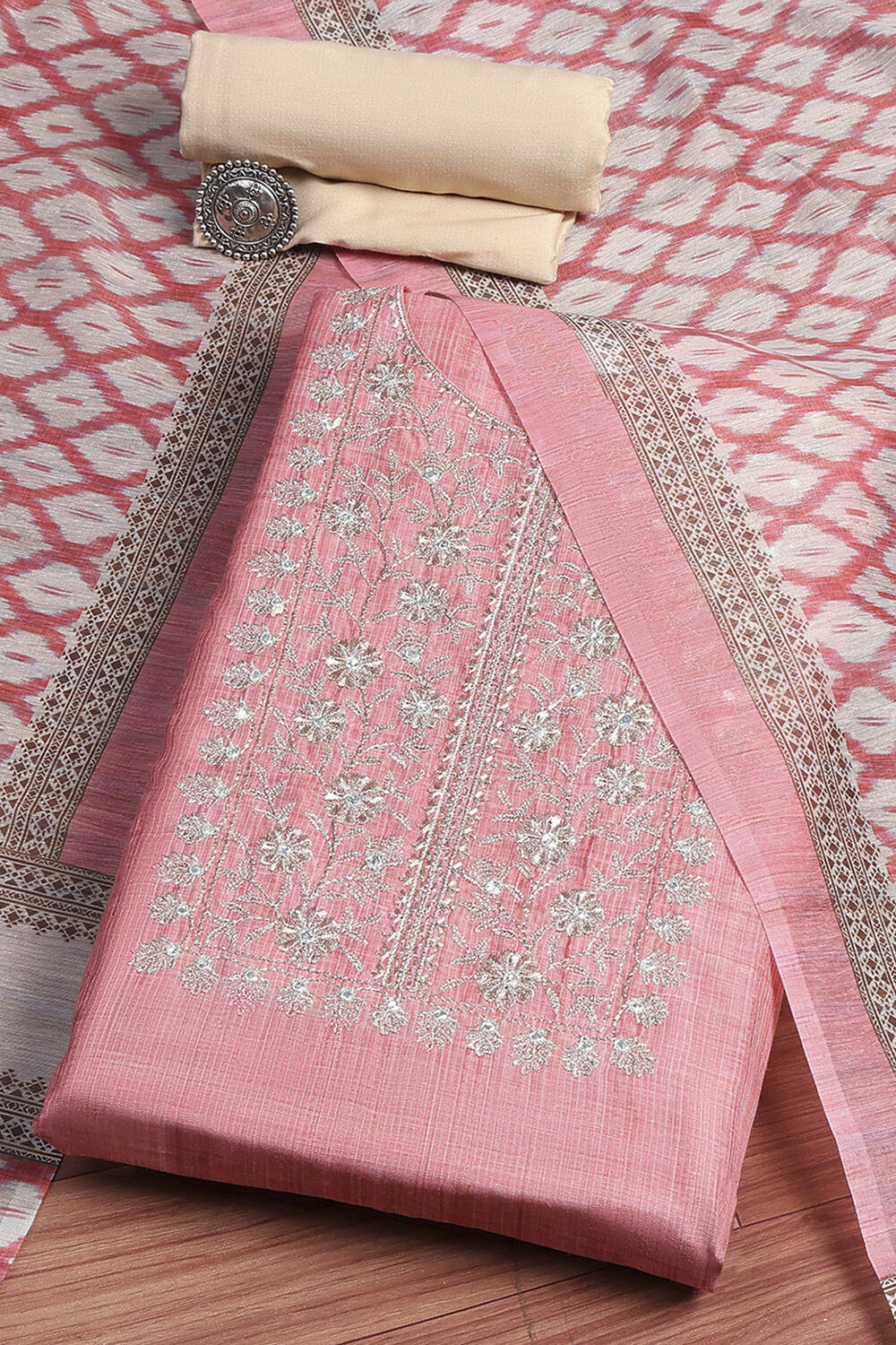 Peach Cotton Screen Print Unstitched Suit Set image number 0