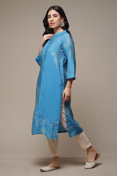 Blue Viscose Straight Printed 2 Piece Set image number 3