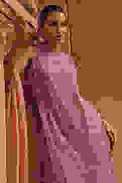 Rose Peach-Toned Poly Net Beaded Embroidered Straight Suit Set image number 0