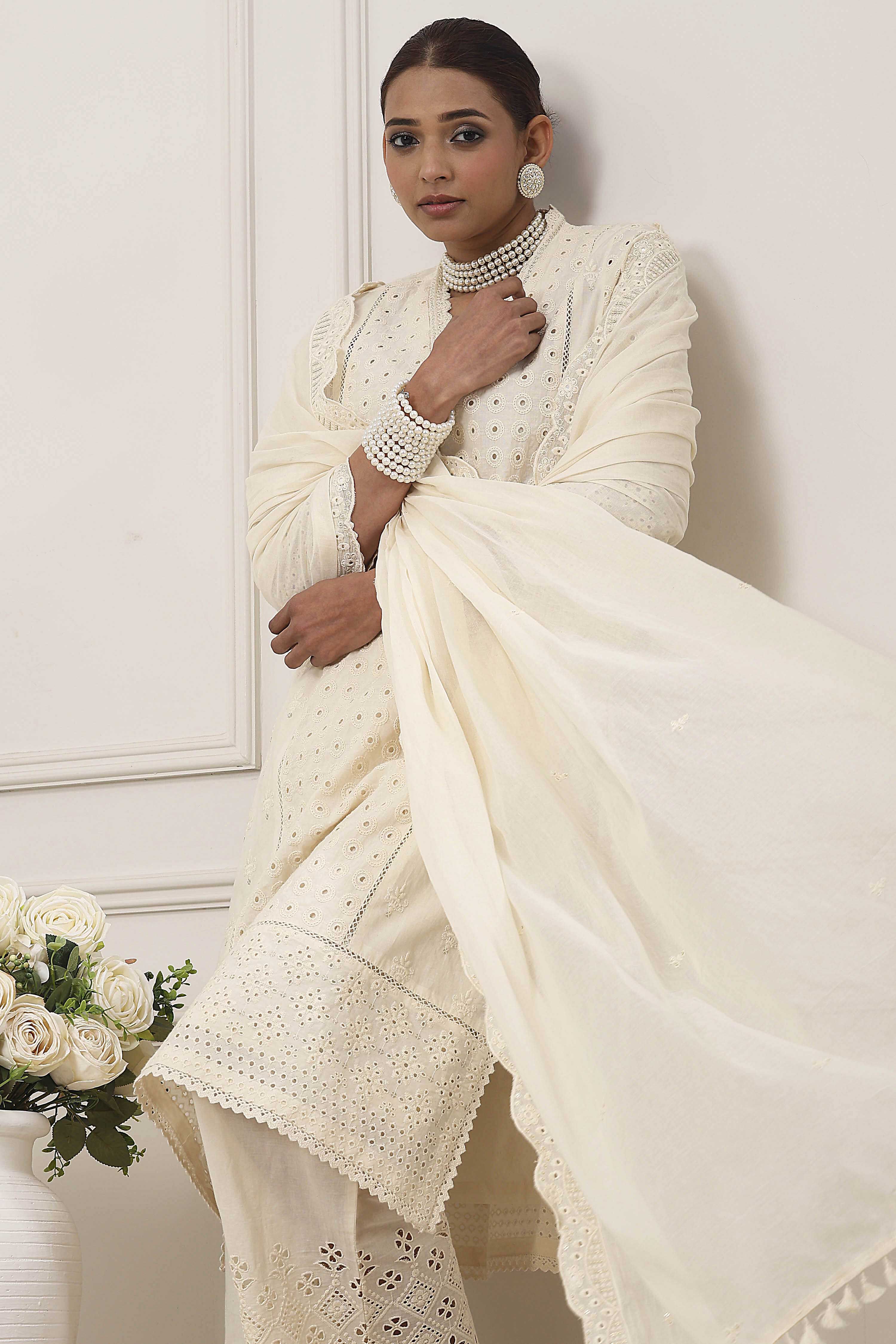 Cream-Toned Cotton Schiffli Straight Suit Set image number 7