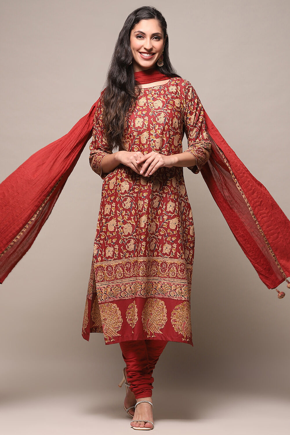 Red Cambric Fitted Kurta Churidar Suit Set image number 0