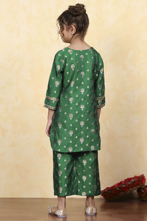 Green Polyester Yarndyed Fitted Kurta Pants Set image number 4