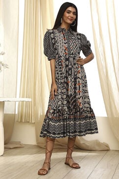 Black and Beige Cotton Printed Tiered Dress image number 0