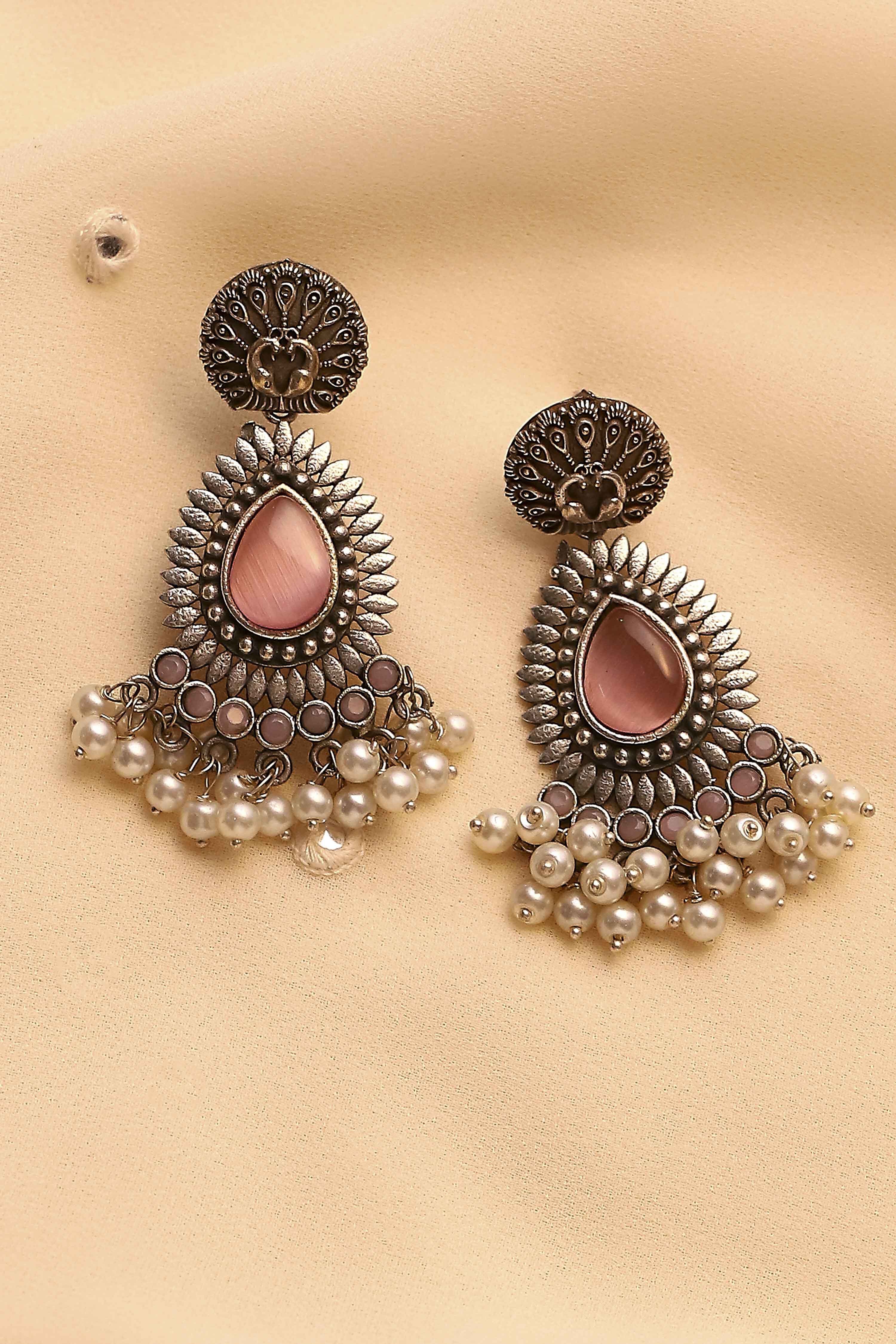 Oxidised Pink Stone Earrings image number 0