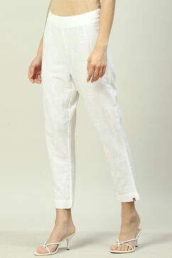 Off White Cotton Embroidered Pants image number 2