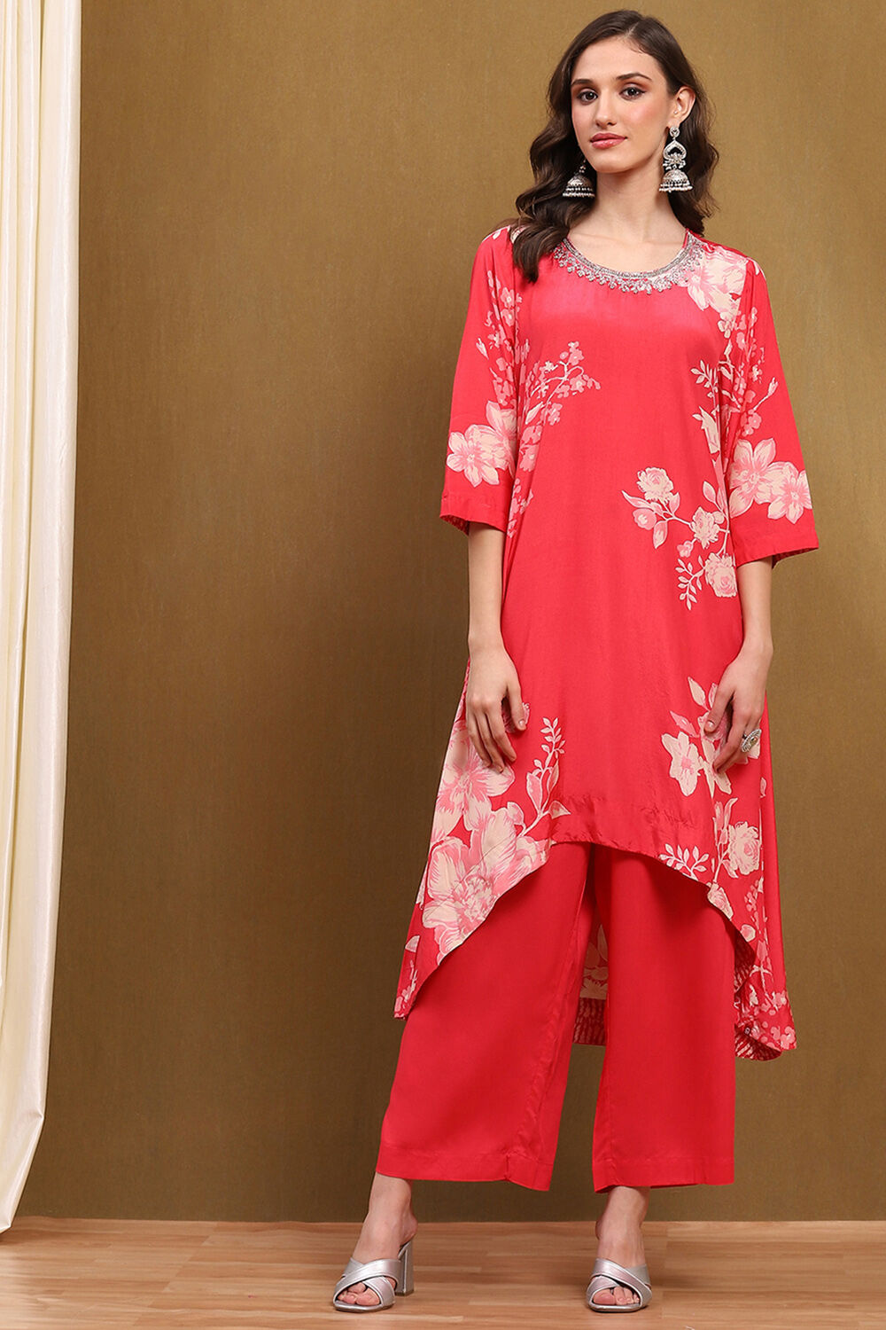 Coral Modal Floral Printed Asymmetric Kurta Set image number 6