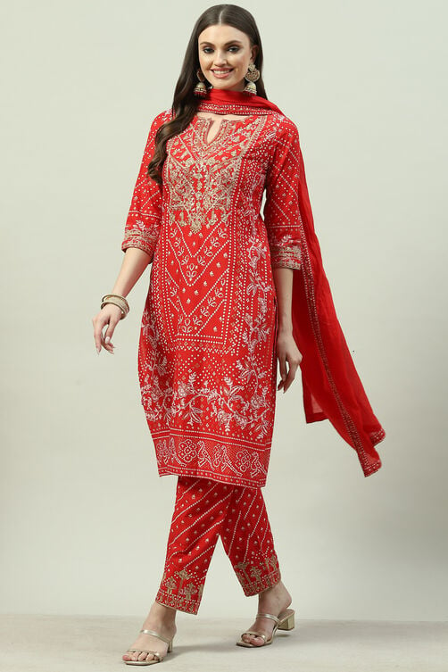Red Cotton Straight Kurta Relaxed Pants Suit Set image number 2