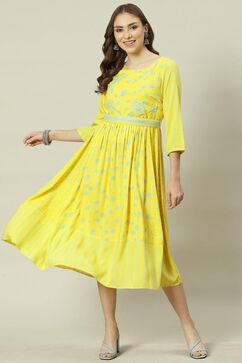 Yellow Cotton Flared Printed Kurta Dress image number 0