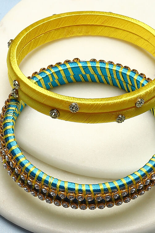 Yellow & Turquoise Plastic & Thread Bangles image number 1