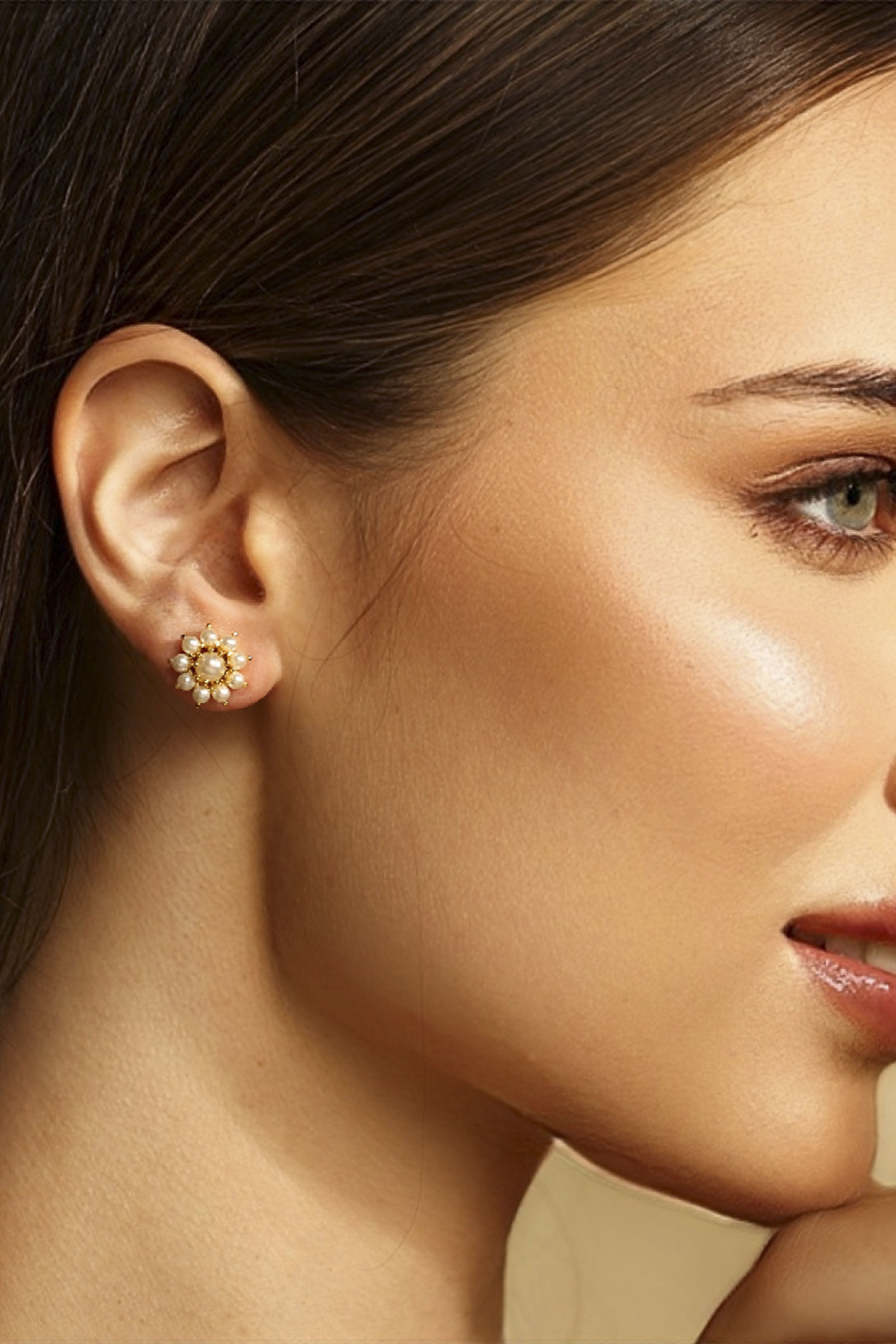 Gold-Plated Brass Pearl Stud Earrings image number 1