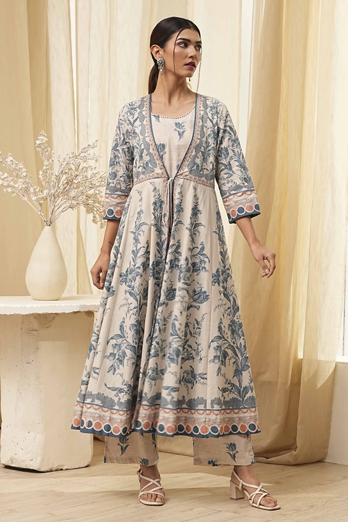 Buy Beige and Blue Printed Front Open Kurta Set Online at Biba Global