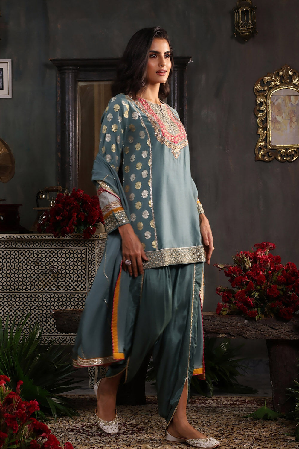 Earthy Blue Chanderi Jacquard Dori Embroidery Straight Suit Set image number 5