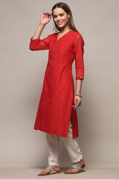 Red Polyester Asymmetric Kurta image number 2