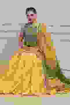 Yellow Olive Cotton Silk Straight Lehenga Set image number 0