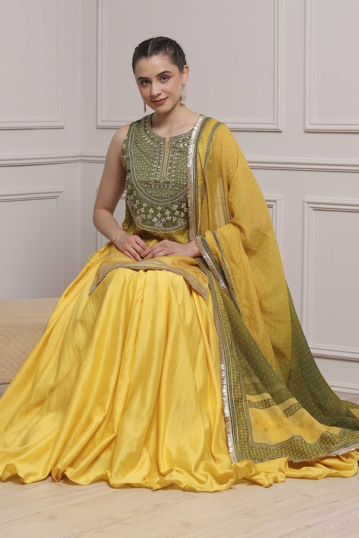Yellow & Olive Silk Chanderi Embroidered Lehenga Set