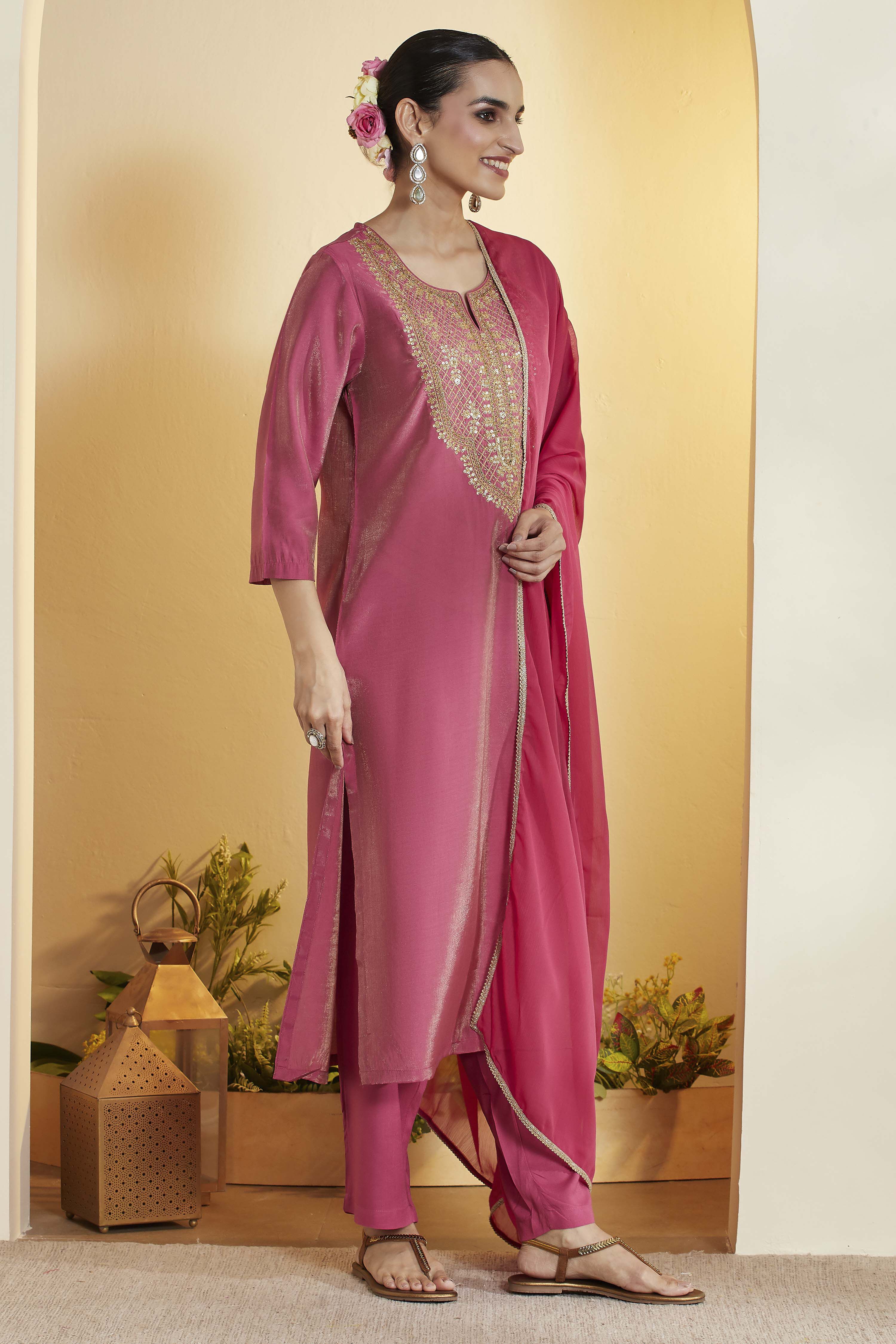 Magenta Poly Viscose Straight Suit Set image number 5
