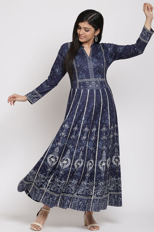 Indigo Flared Poly Span Printed Dress image number 0