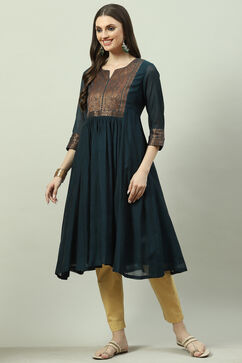 Teal Poly Mettalic A-Line Yarndyed Kurta image number 2