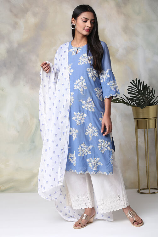 Blue Cotton Straight Kurta Palazzo Suit Set image number 0