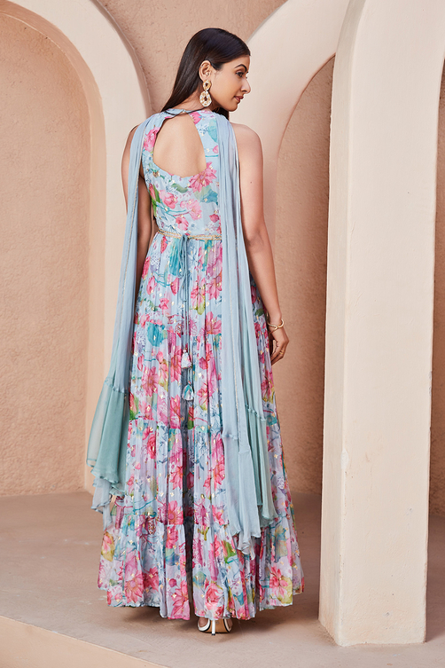 Pink Floral Printed Tiered Anarkali Kurta image number 3