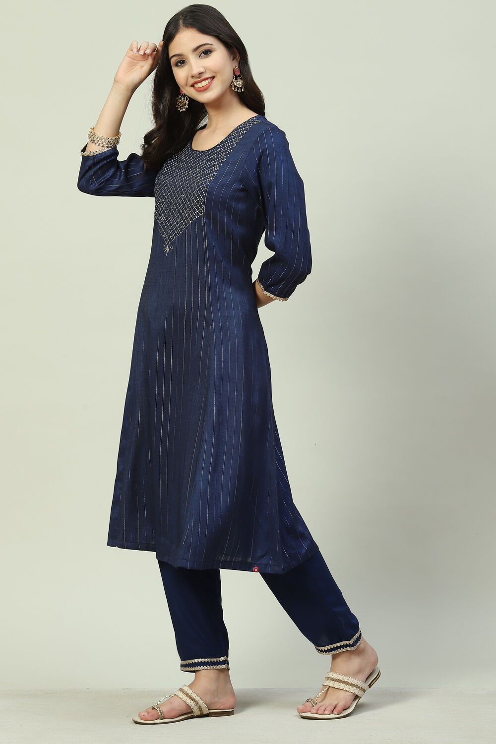 Navy Blue LIVA Metallic Straight Kurta Pant Suit Set