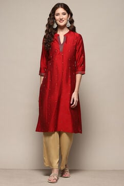 Red Polyester Straight Kurta image number 5