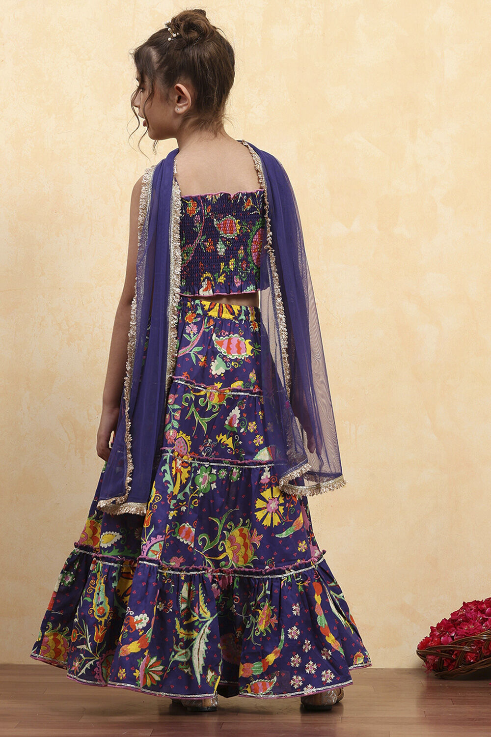 Purple Cotton Printed Tiered Lehenga Set image number 4