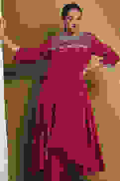 Red Modal Embroidered A-Line Kurta Set image number 1