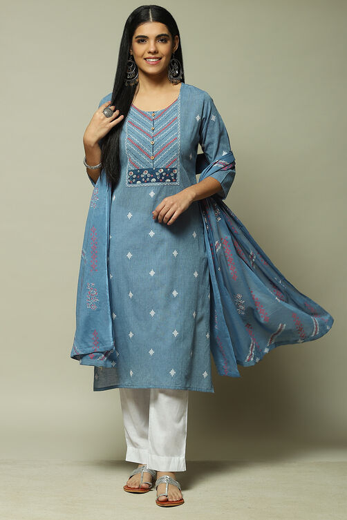 Indigo Cotton Machine Embroidered Unstitched Suit Set image number 6