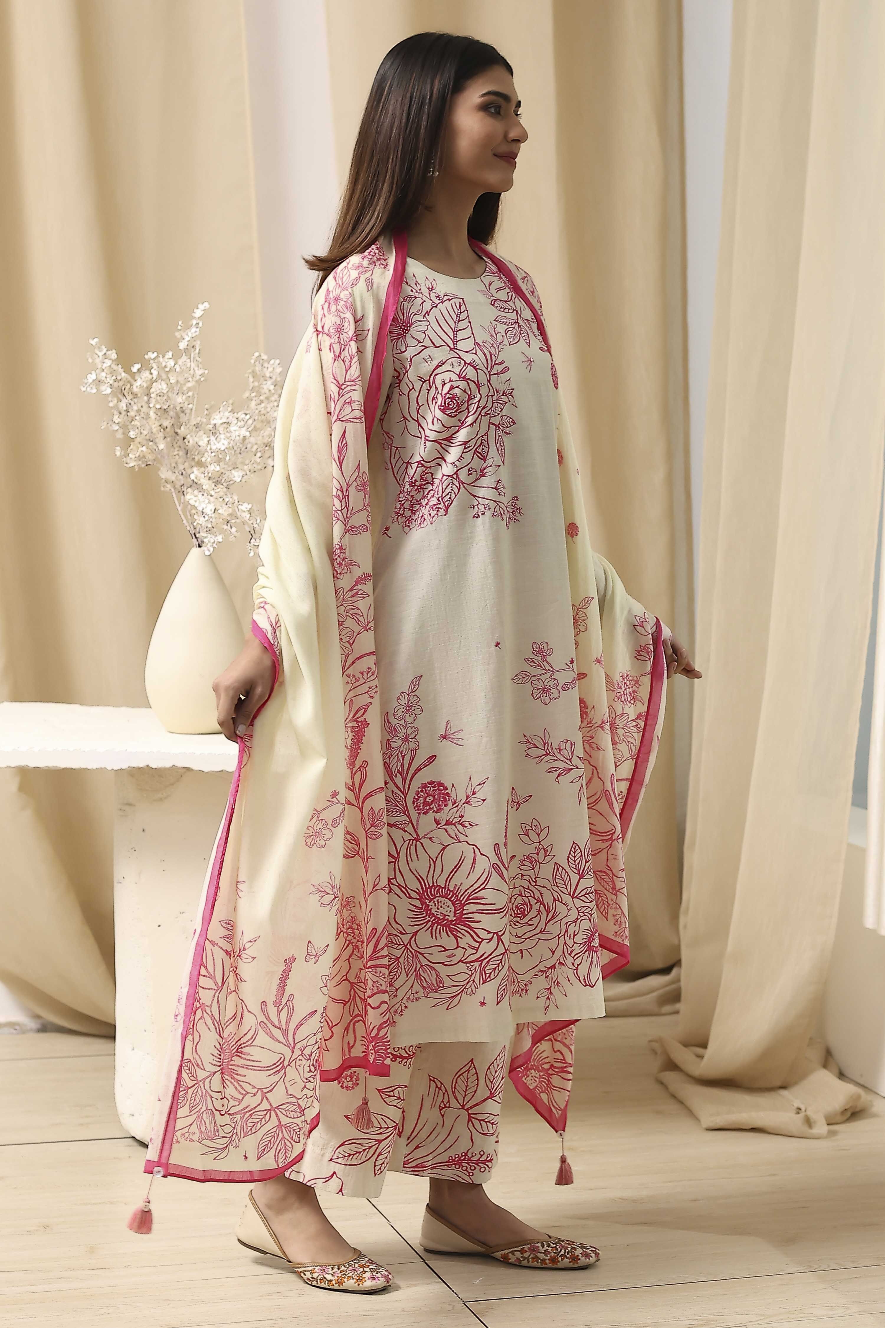 Off-White and Blue Cotton Straight Suit Set image number 5