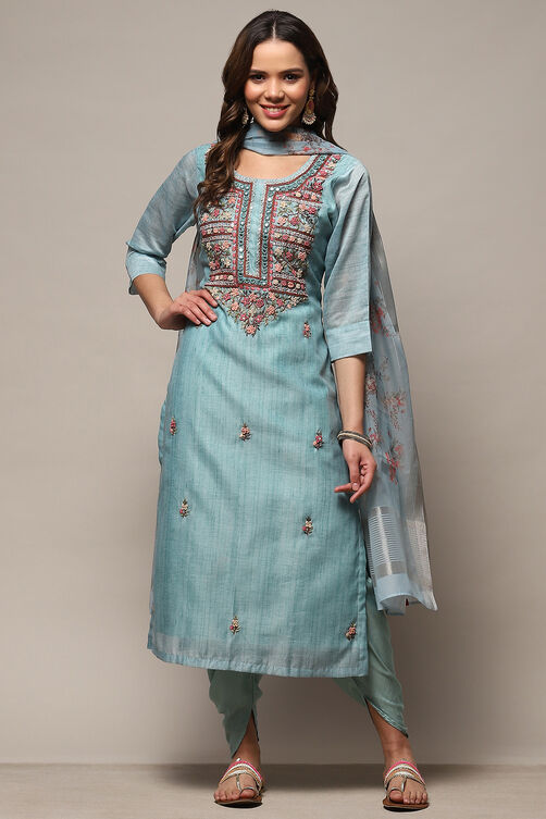 Blue Chanderi Unstitched Suit set image number 1