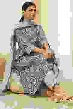 Indigo Cotton Printed Gathered Suit Set image number 0