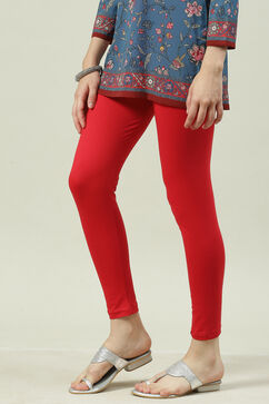 Red Cotton Blend Solid Leggings image number 2