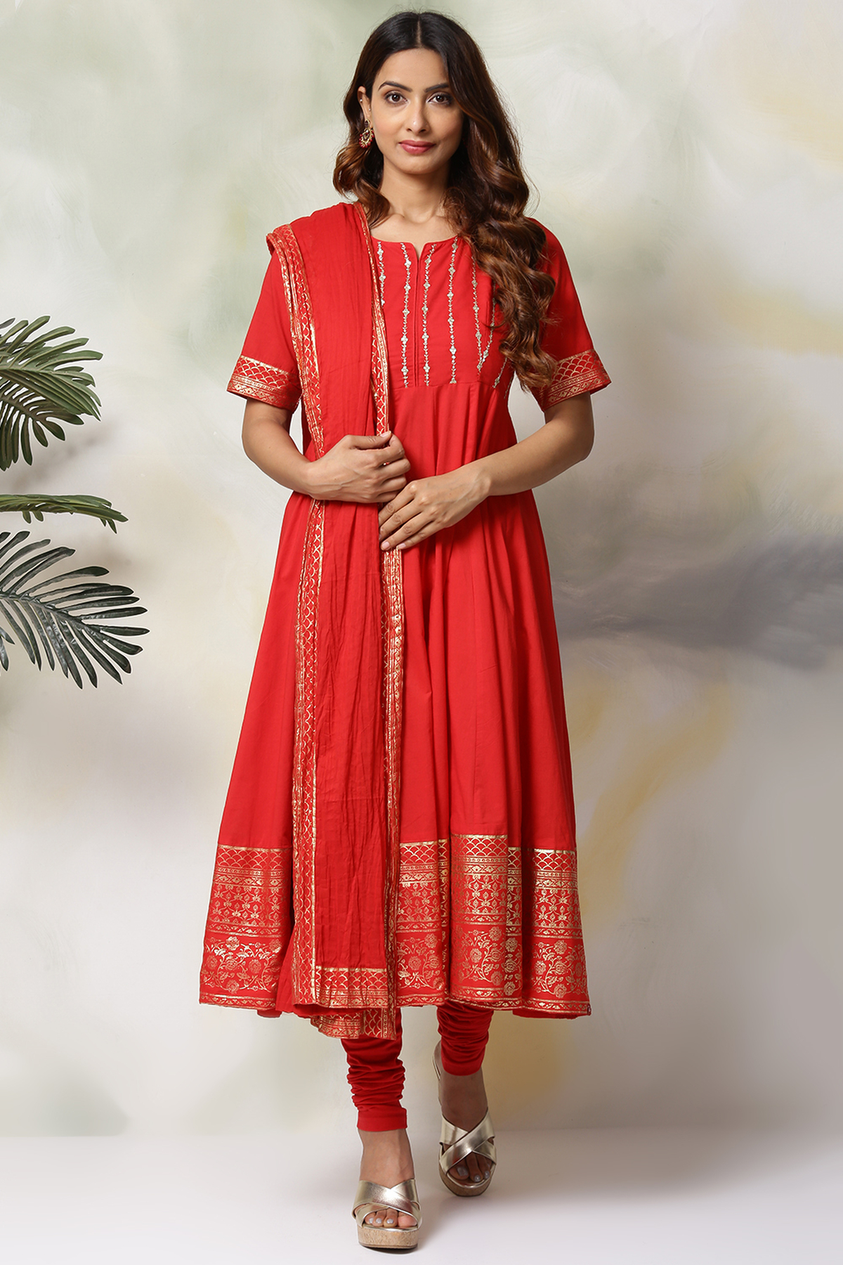 Red Cotton Anarkali Kurta Churidar Suit Set