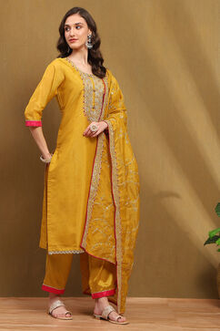 Yellow Tissue Machine Embroidered Unstitched Suit Set image number 3