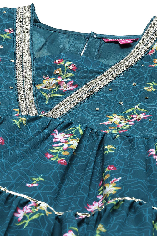 Teal Polyester Flared Printed Kurta Palazzo Suit Set image number 1