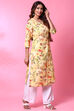 Yellow Cotton Linen Printed Kurta image number 0