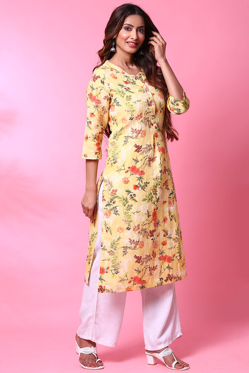 Yellow Cotton Linen Printed Kurta image number 0