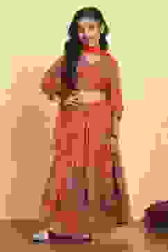 Orange Polyester Printed Kalidar Lehenga Set image number 6