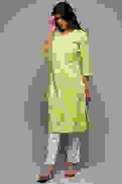 Sea Green Cotton Straight Embroidered Kurta image number 2