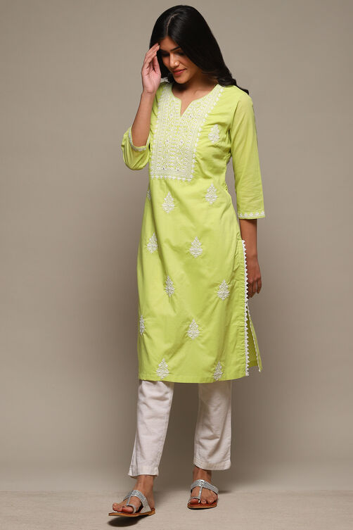 Yellow Cotton Straight Embroidered Kurta image number 2