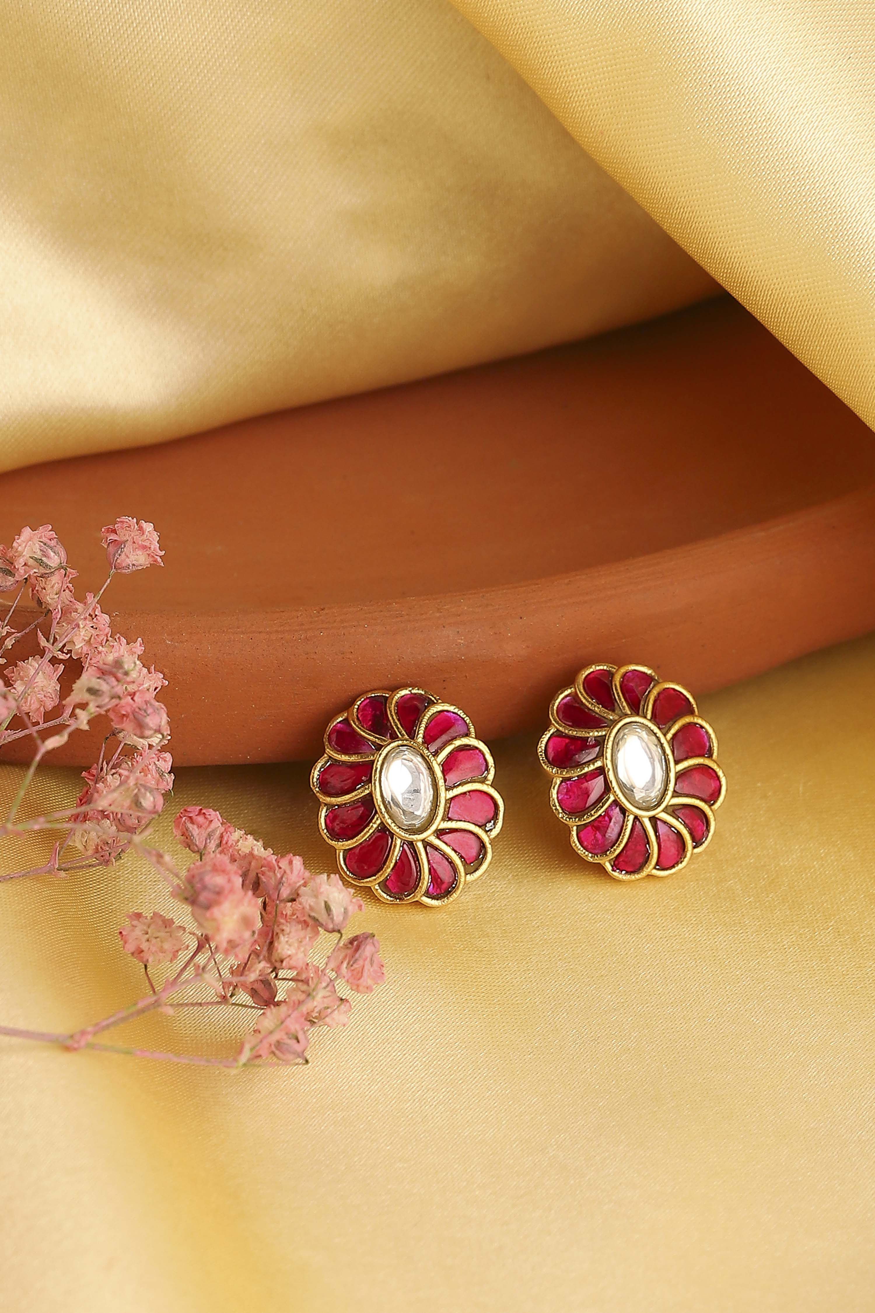 Pink Gold Plated Brass Floral Studs image number 0