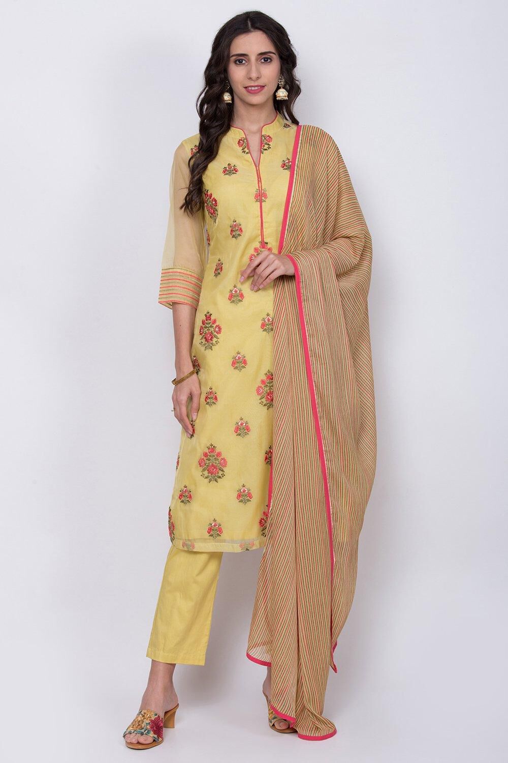 Yellow Straight Kurta Regular Pants Suit Set image number 0