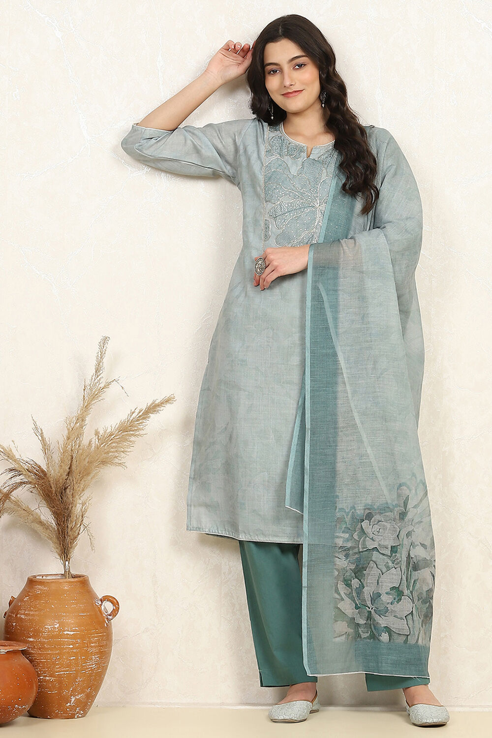 Pink Cotton Unstitched Suit Set image number 1