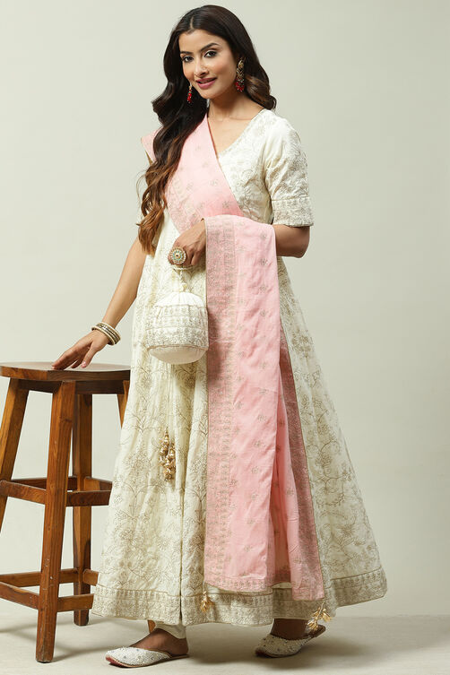 Off White Cotton Anarkali Kurta Churidar Suit Set image number 0