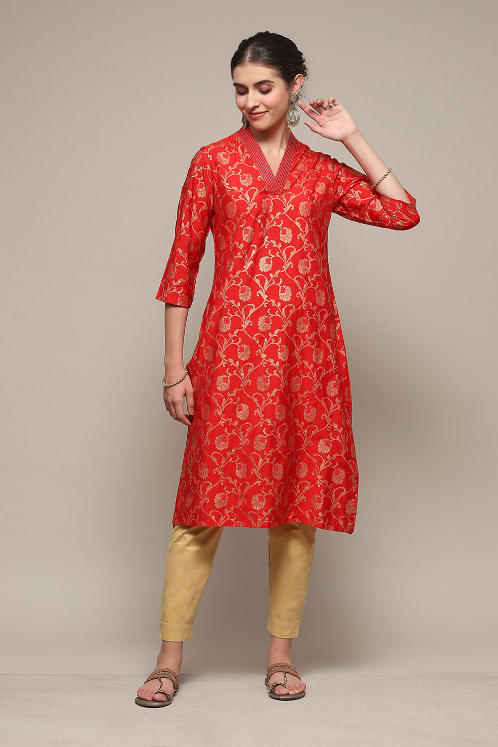 Red Poly Viscose Straight Printed Kurta image number 0