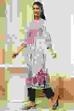 Off-White and Pink Cotton Straight Kurta image number 2