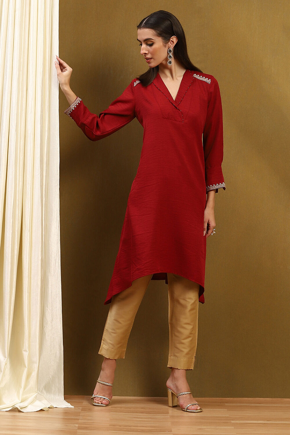 Rust Polyester Straight Kurta image number 0