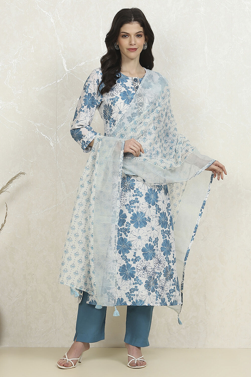 Blue Cotton Unstitched Suit Set image number 1