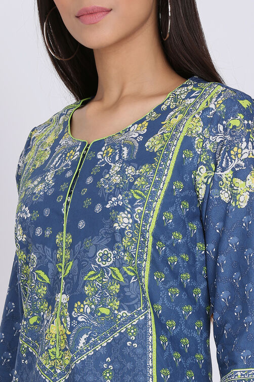 Indigo Cotton Straight Printed Kurta image number 1